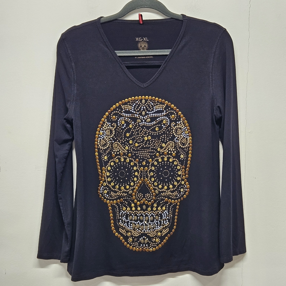 Ay Guey Long Sleeve Tee Top XL Black Mexican Embellished Sugar Skull Goth Punk